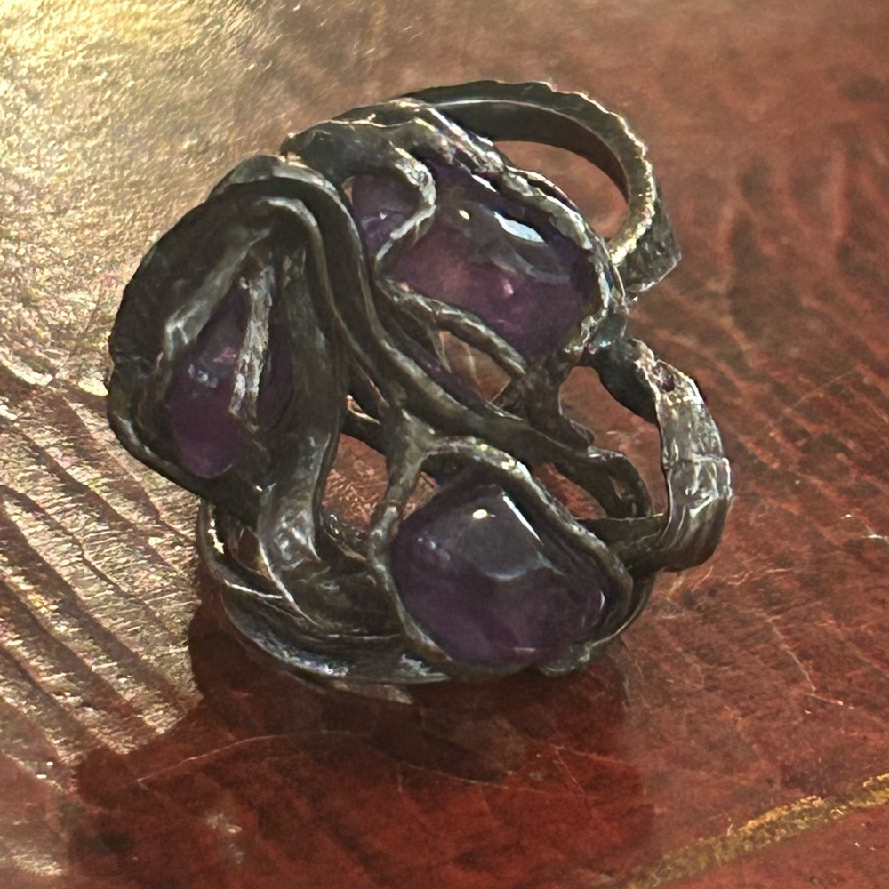 Modernist Brutalist Contemporary Amethyst And Sterling Silver Ring 6.25